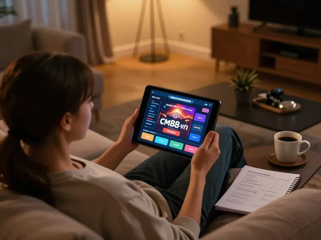 Player engaging with cm88-vn online casino on a tablet during a cozy home gaming session.