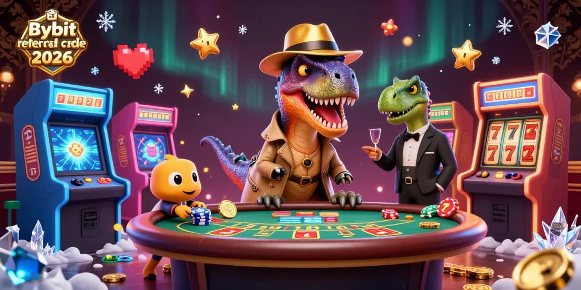 Engage with the exciting world of Bybit referral code 2026 showcasing vibrant casino elements featuring a velociraptor card counter.