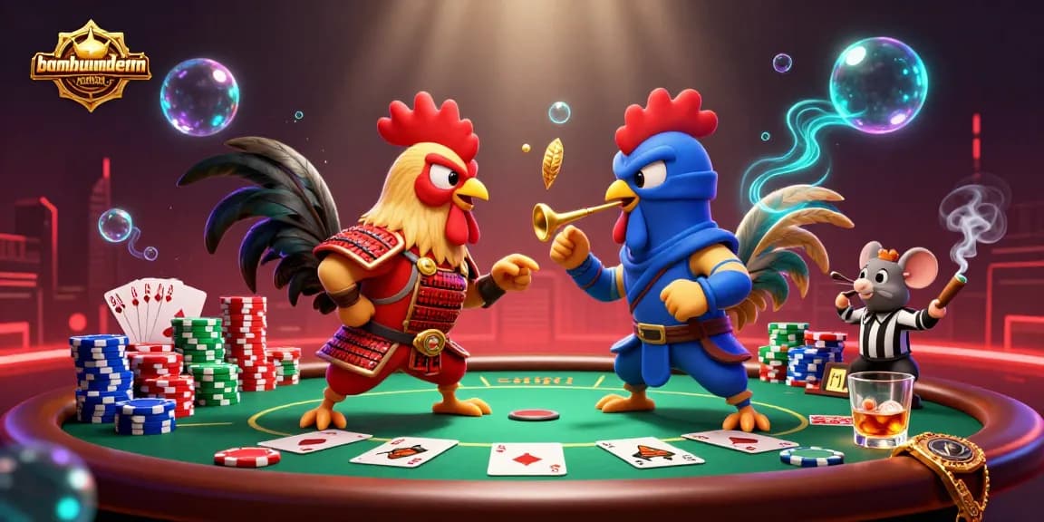 Experience thrilling action at bambumodernasian, where 3D roosters duel amidst a vibrant casino scene.