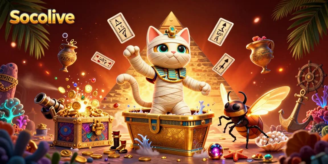 Socolive features an exciting scene with a cartoon mummy cat and gold treasures bursting in a vibrant casino atmosphere.