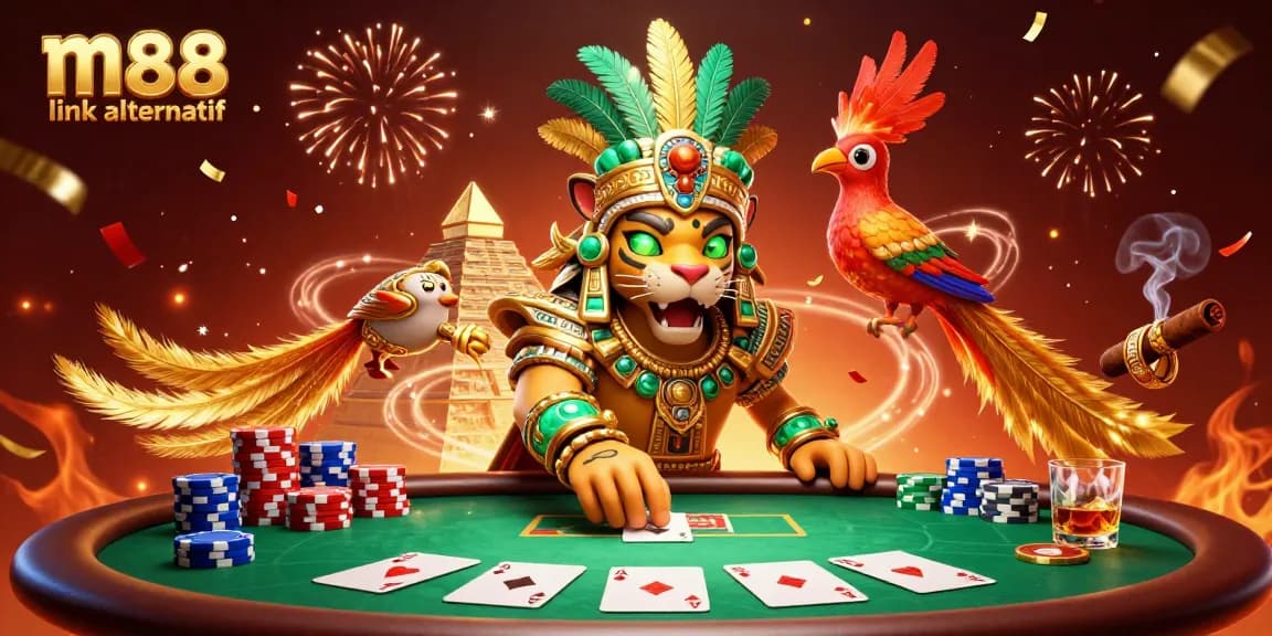 Bet on big wins with m88 link alternatif in this vibrant casino scene featuring poker action.