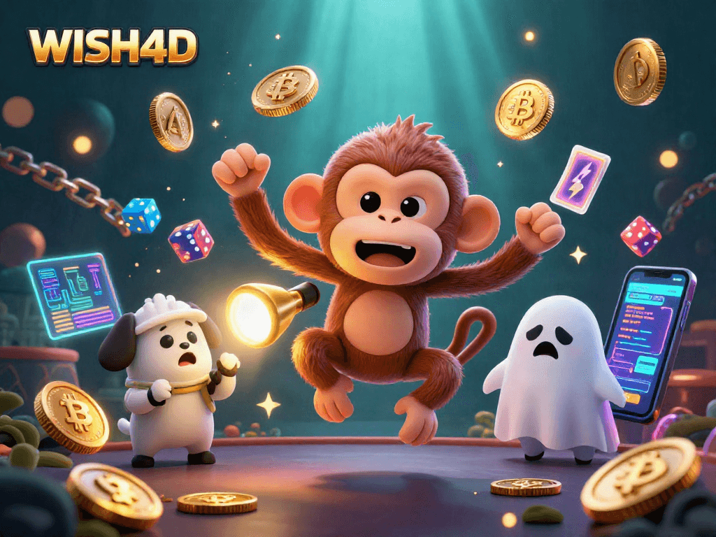 Engage with WISH4D's mystical scene featuring a playful poltergeist monkey amidst vibrant casino imagery.