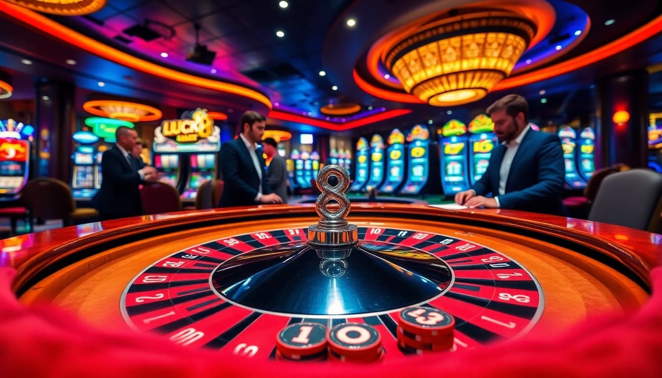 Experience the excitement of LUCK 8 at a luxurious casino, with vibrant tables and eager players.