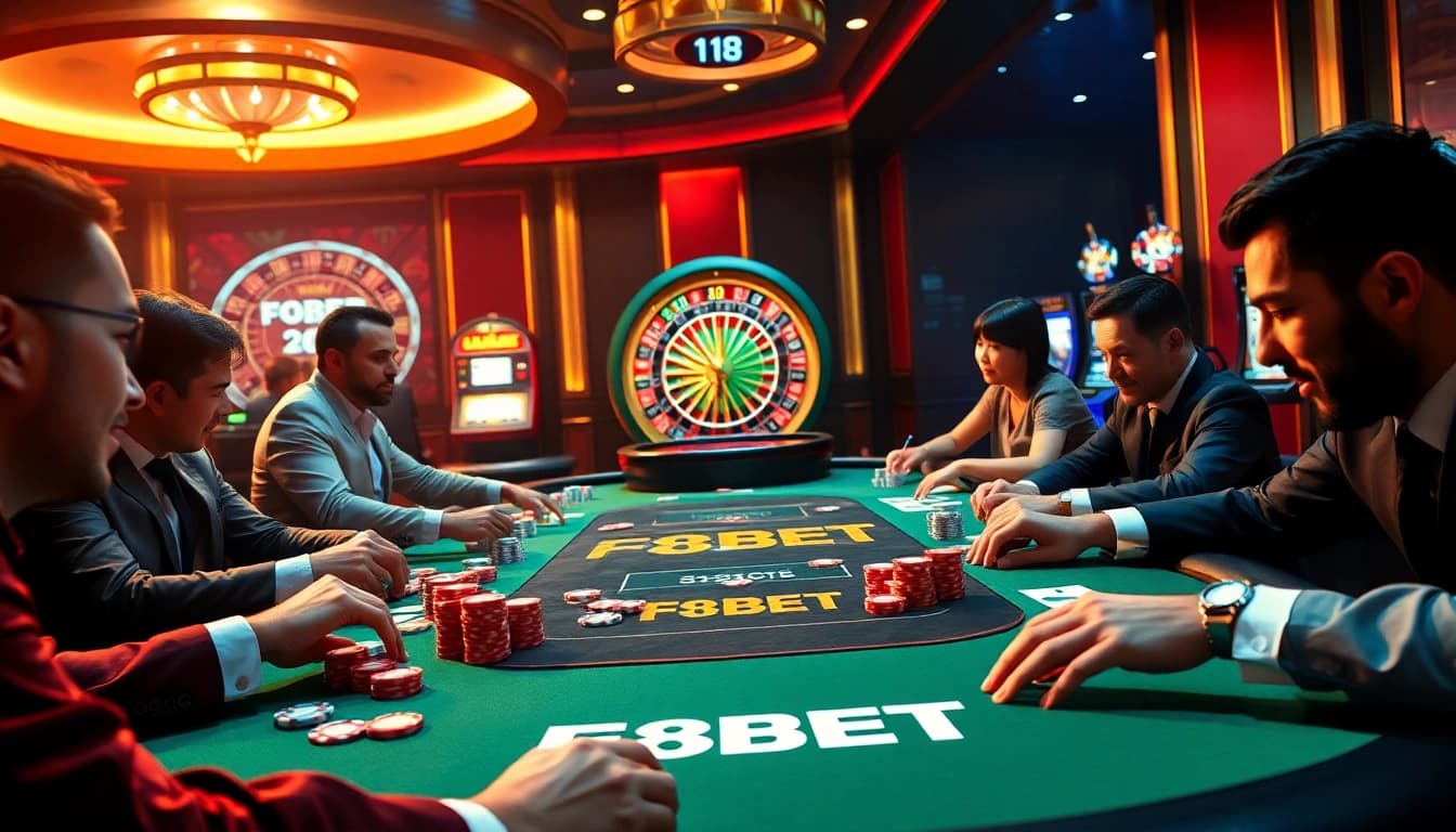 Players enjoying an intense game at the F8BET poker table in a sophisticated casino atmosphere.