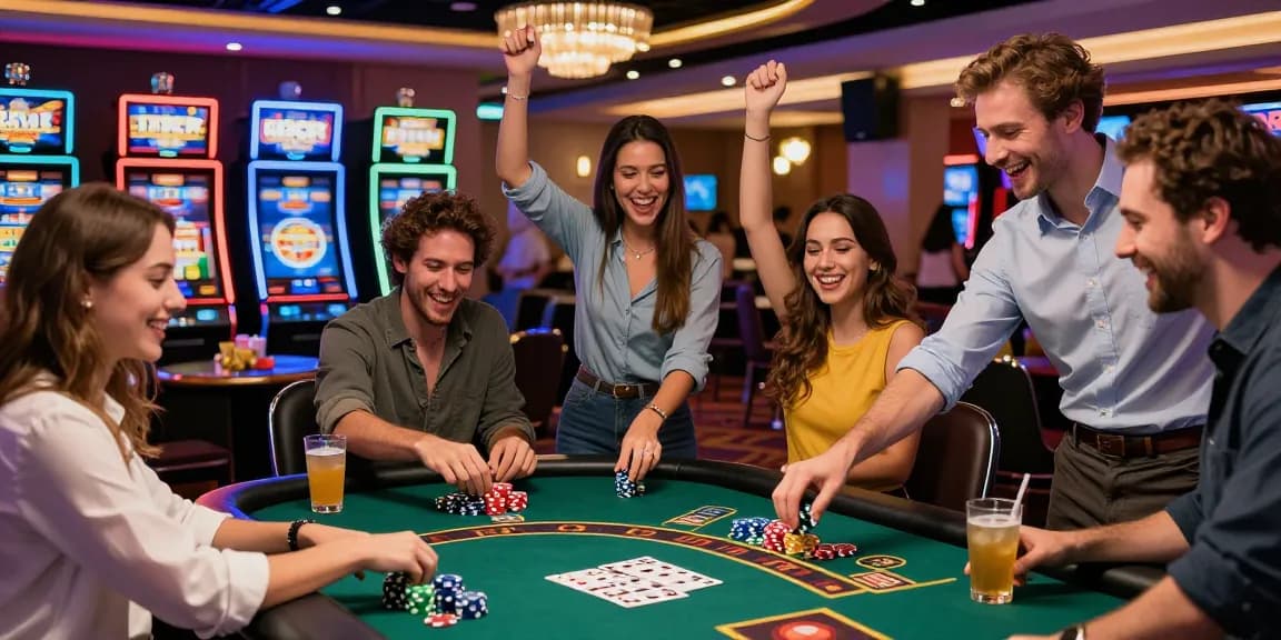 Exciting gaming moment at a casino au88 table with friends celebrating a win against a colorful backdrop.