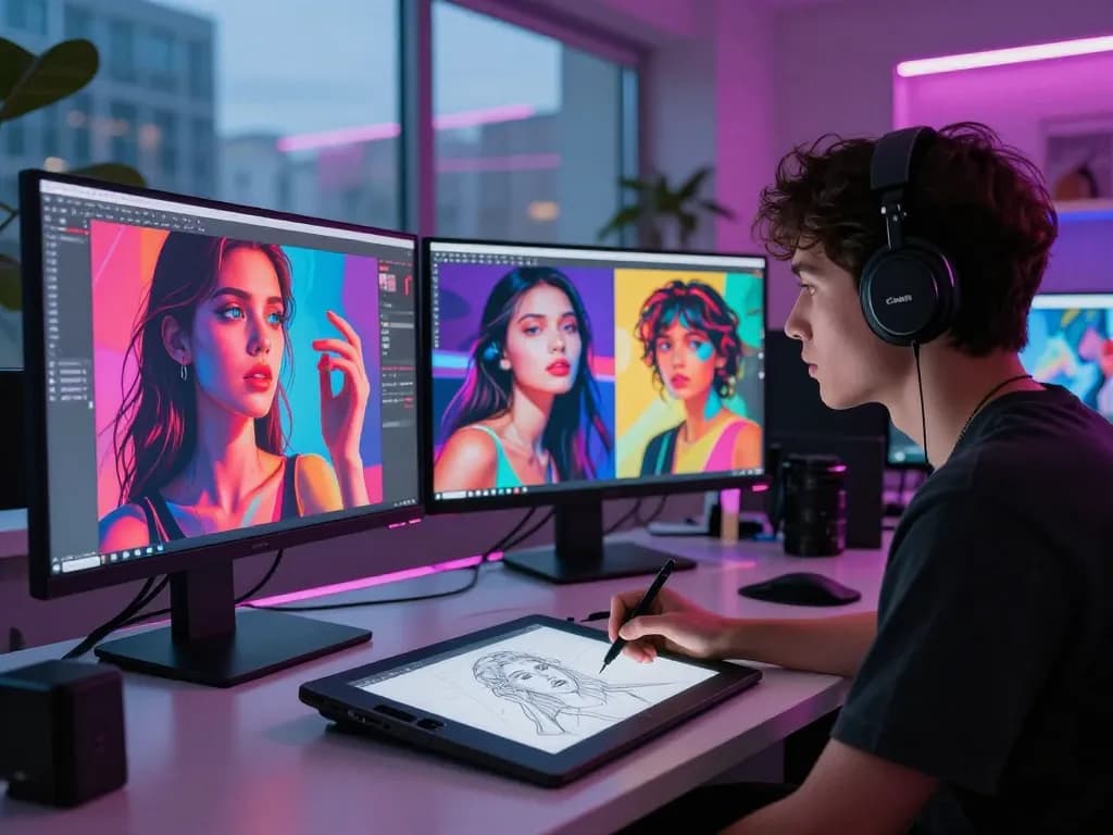 Artist creating AI porn visuals at a modern digital workspace with vibrant imagery.
