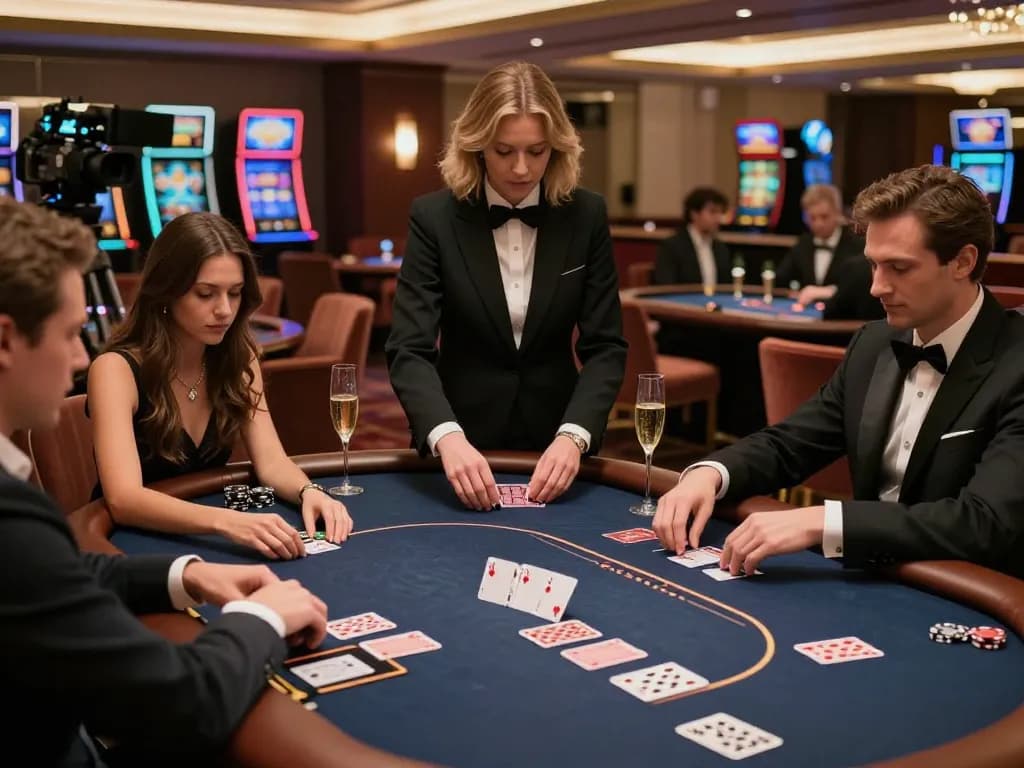 Surebetsg players in luxurious VIP gaming area engaged in poker, showcasing strategic gameplay.