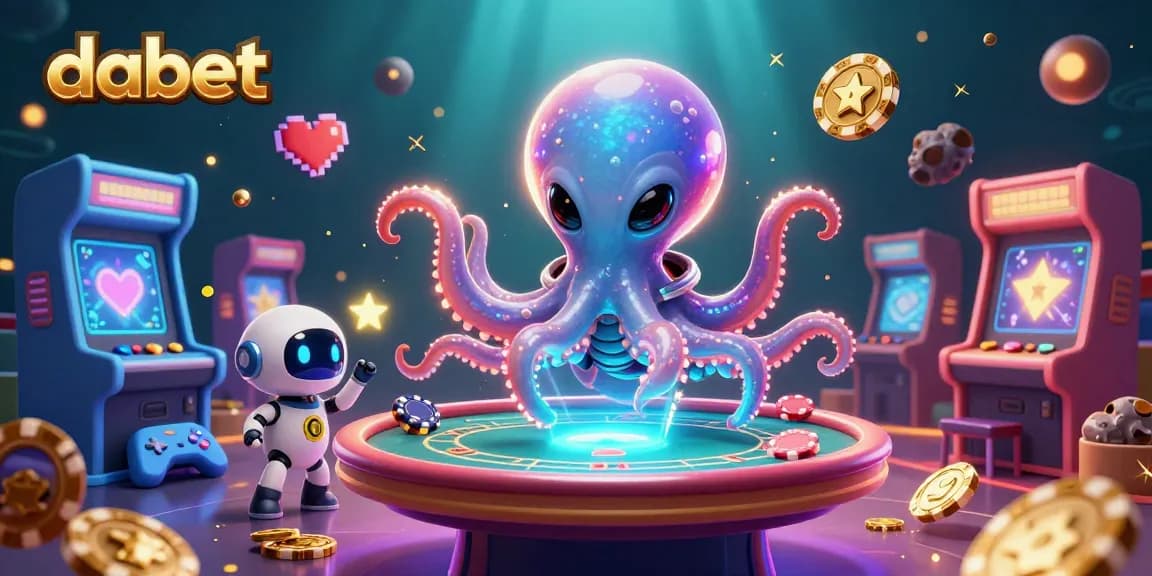 Dabet engages players with a vibrant poker scene featuring a cosmic octopus and a beeping robot in a unique gambling universe.