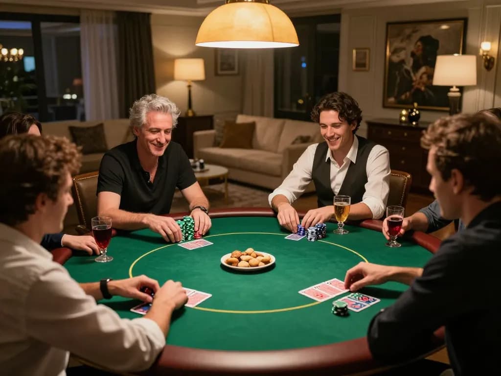 79king poker night with friends, engaging gameplay, chips and cards visible, vibrant home atmosphere.