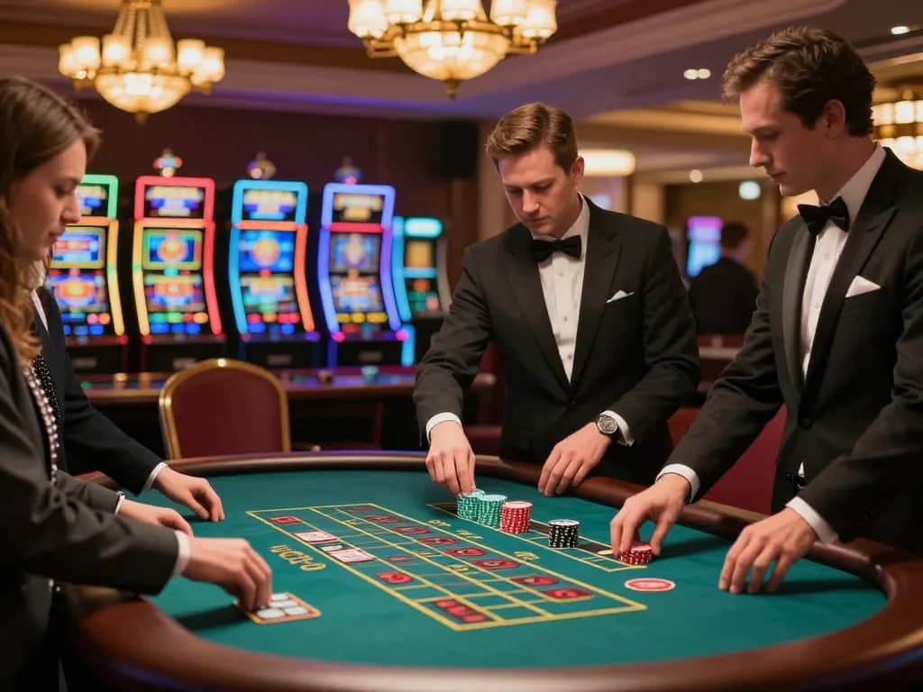 mm88 players engaging at a baccarat table in a vibrant casino atmosphere