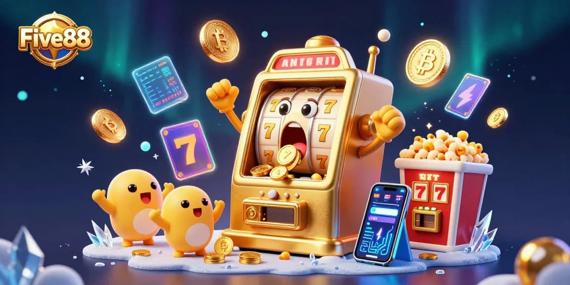 Five88 slot machine hits jackpot, coins pouring out, surrounded by energetic gaming elements.
