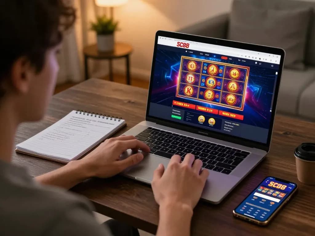 Engaging with SC88's online casino on a laptop in a stylish home setup.
