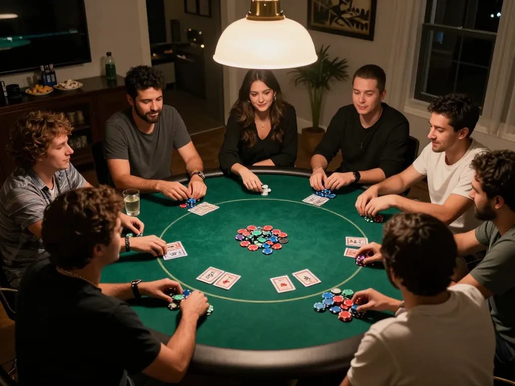 Xoilac poker night with friends enjoying a friendly game, vibrant chips on the table, engaging atmosphere