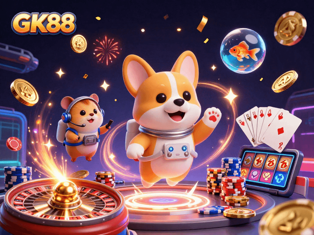 GK88 offers thrilling gambling action in a vibrant space casino with floating characters and dynamic elements.