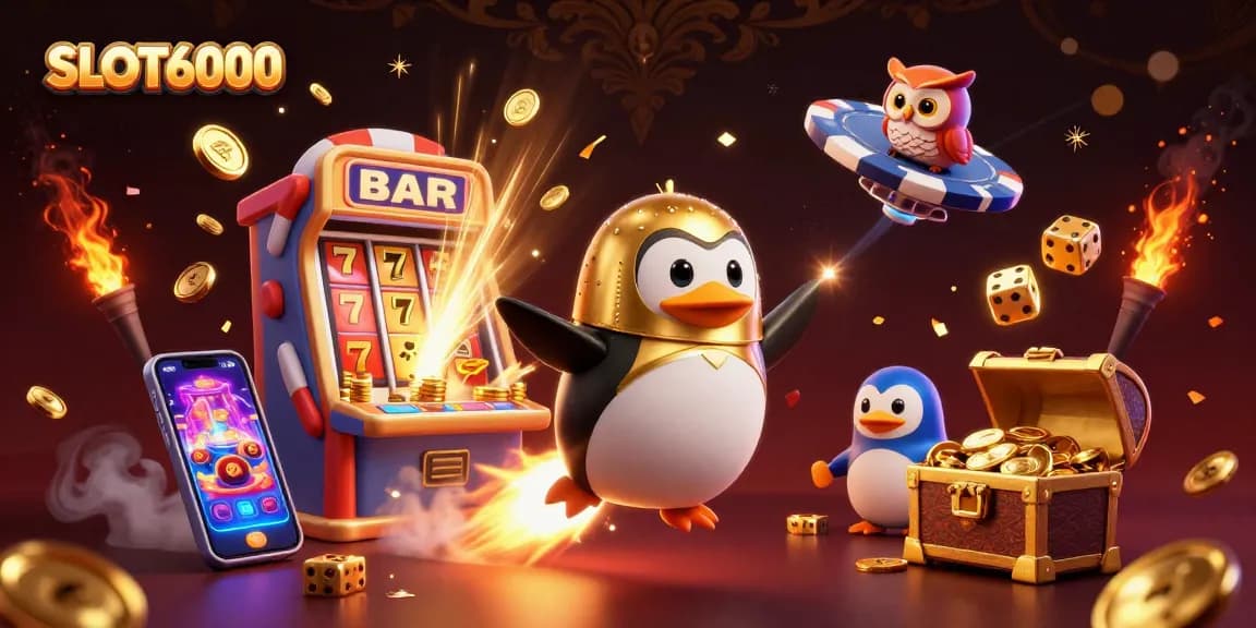 SLOT6000 invites players to experience a thrilling gaming adventure with a golden penguin, casino symbols, and exciting jackpots.