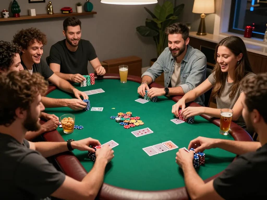 Players strategizing in a thrilling home poker night with engaging gameplay at a green felt table, enhancing eu excitement.