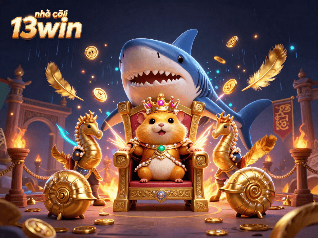 Experience the excitement at nhà cái 13win with a vibrant 3D casino scene featuring a golden hamster king and underwater elements.