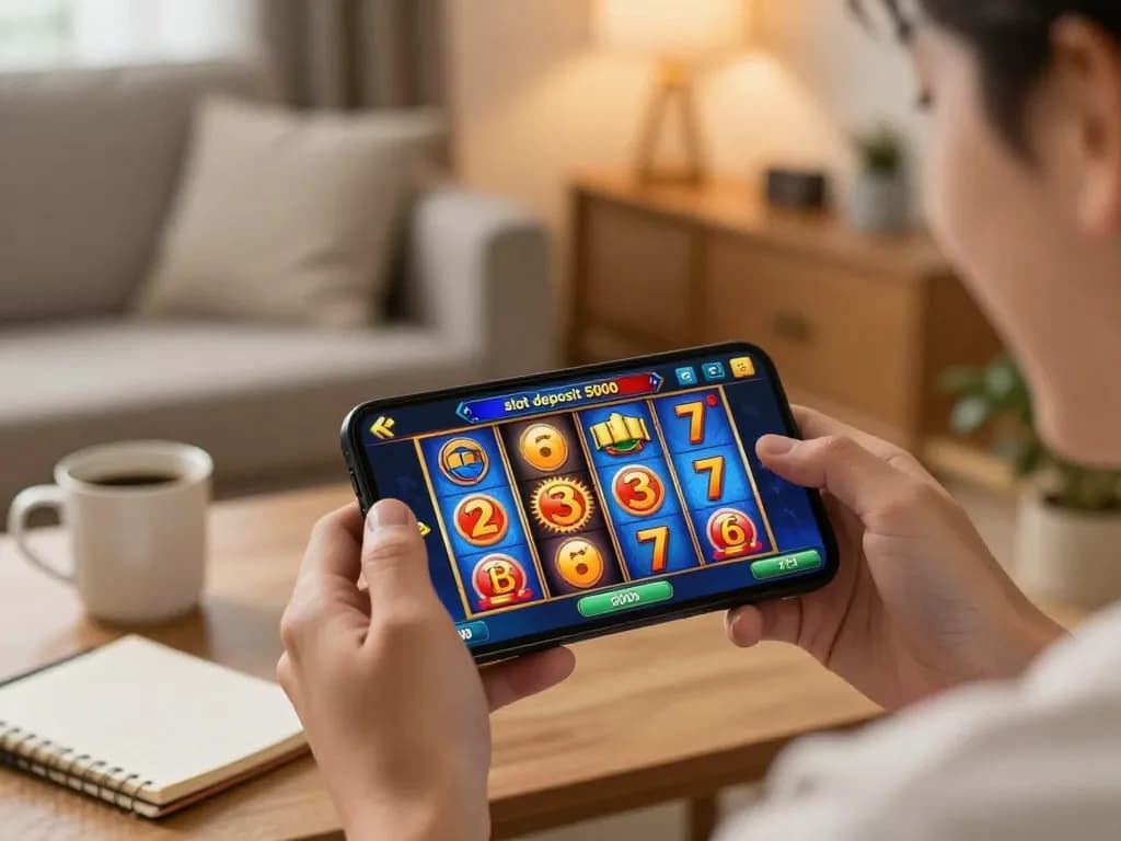 Player enjoying an online slot deposit 5000 game on a smartphone in a cozy home setting.