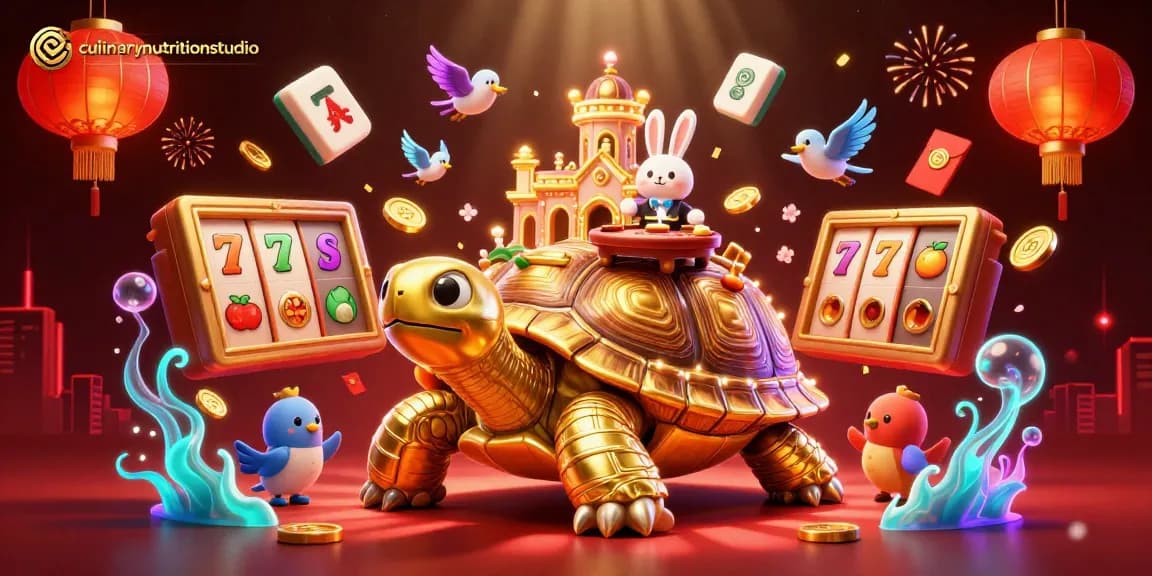 Culinarynutritionstudio showcases a vibrant casino scene with a golden tortoise, animated slot machines, and celebratory elements.