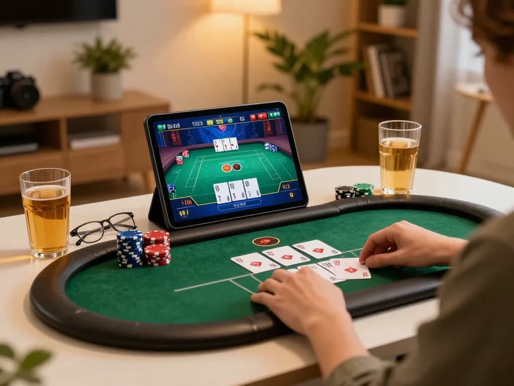 Engaging in live poker from home with luckywin1 tablet setup, showcasing gameplay and cozy environment