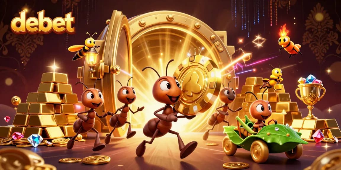 Engage in debet gaming with a heist scene featuring playful cartoon ants, vibrant treasures, and a dynamic casino atmosphere.