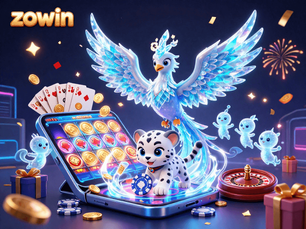 Zowin immerses players in excitement with a vibrant casino-themed 3D scene including an ice phoenix and poker chips.