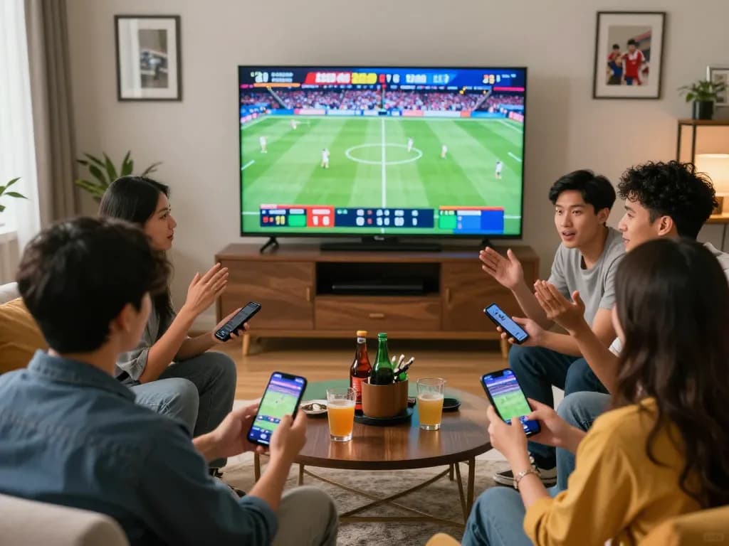 Exciting sports betting with Net88 in a lively home setting, friends placing bets on smartphones.