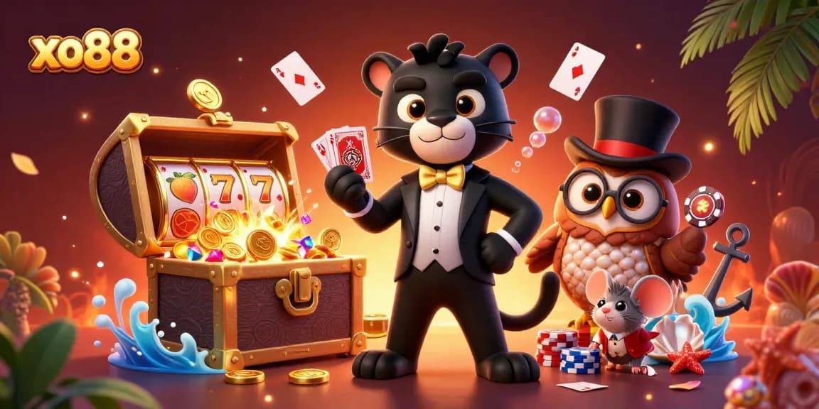 Engage with xo88's vibrant casino scene featuring a stylish panther dealing cards.