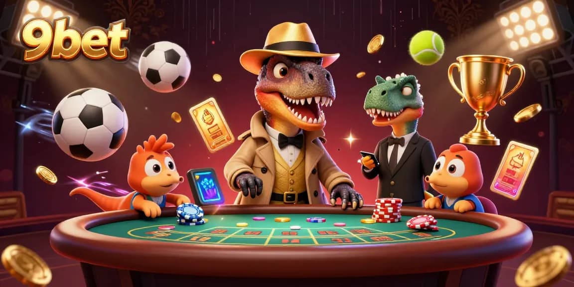 9bet showcases a velociraptor card counter and stegosaurus pit boss at a lively casino scene.