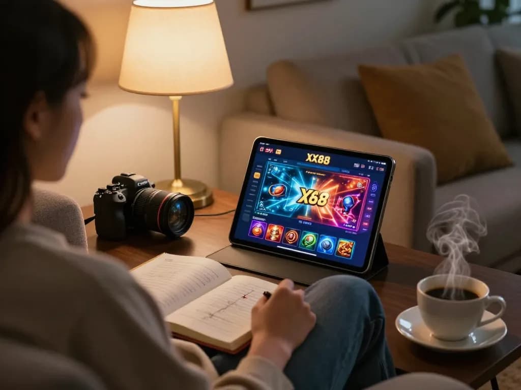 Engaged user enjoying XX88 casino app on tablet in a cozy home environment.