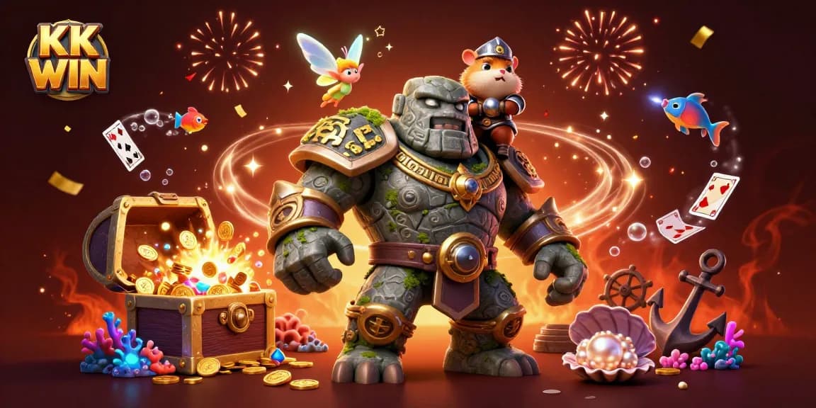 Experience the thrill of gambling at KK WIN with a vivid illustration showcasing captivating characters and magical elements.