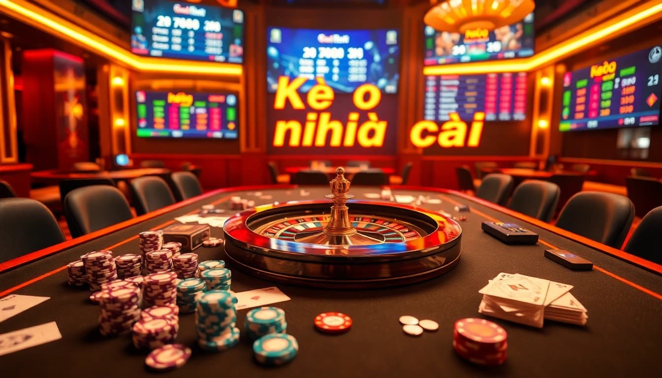 Kèo nhà cái displayed on a glamorous casino table with poker chips and a roulette wheel.