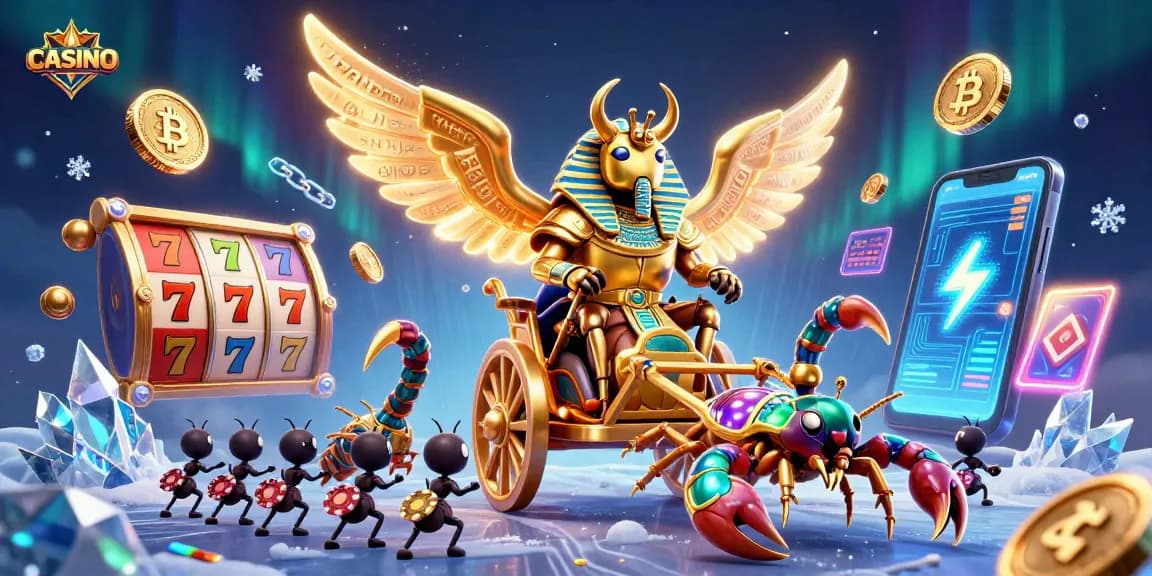 Engaging illustration of a dazzling CASINO scene featuring a colossal beetle with poker chips, slot reels, and crypto elements.