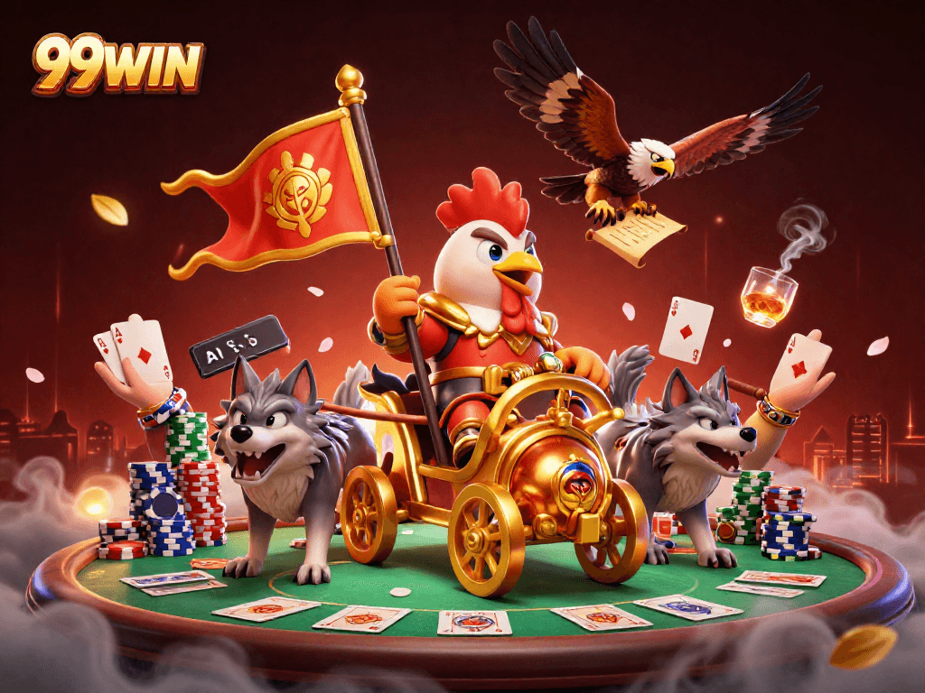 Join the action at 99WIN with a stunning battle scene featuring a rooster warlord engaged in strategic poker play.