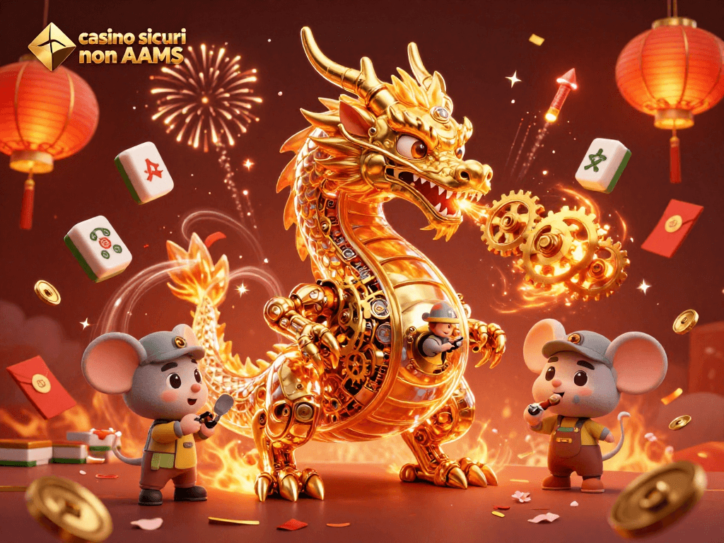 Scopri i migliori casino sicuri non AAMS con un drago dorato e ingranaggi volanti in un'illustrazione festosa.