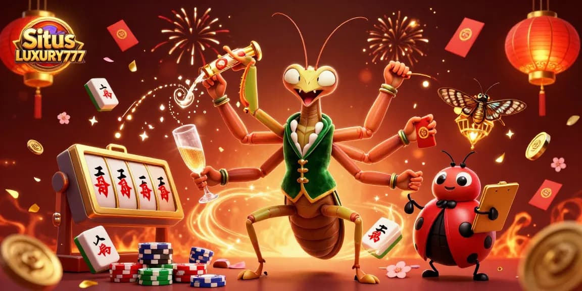 Situs LUXURY777 menampilkan mantis raksasa dan pengawas ladybug dalam suasana kasino yang meriah.