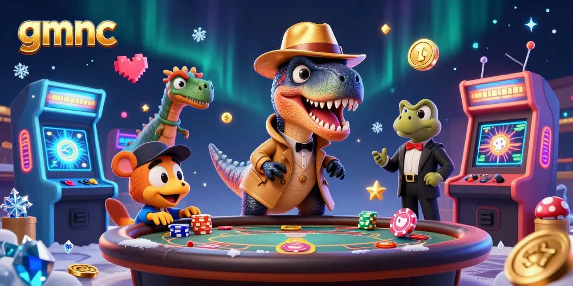 gmnc presents a vibrant 3D cartoon scene featuring a velociraptor card counter at a blackjack table amidst casino elements.