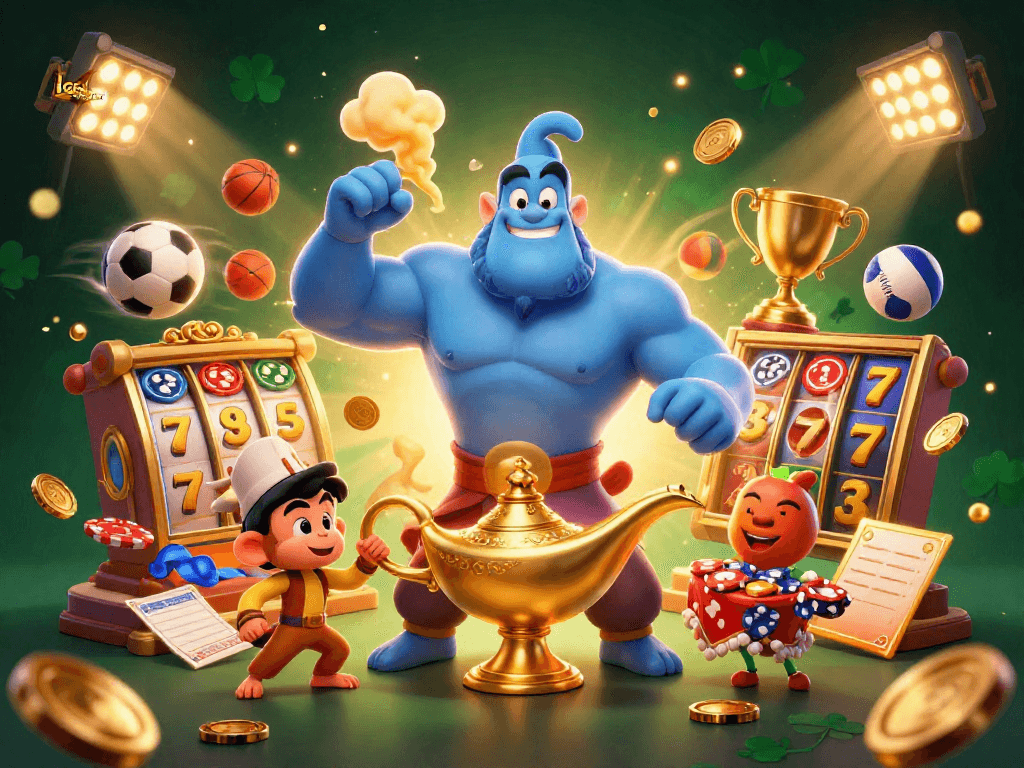 Experience thrilling gameplay with LGOSUPER's vibrant casino scene featuring exciting slot elements and magical characters.