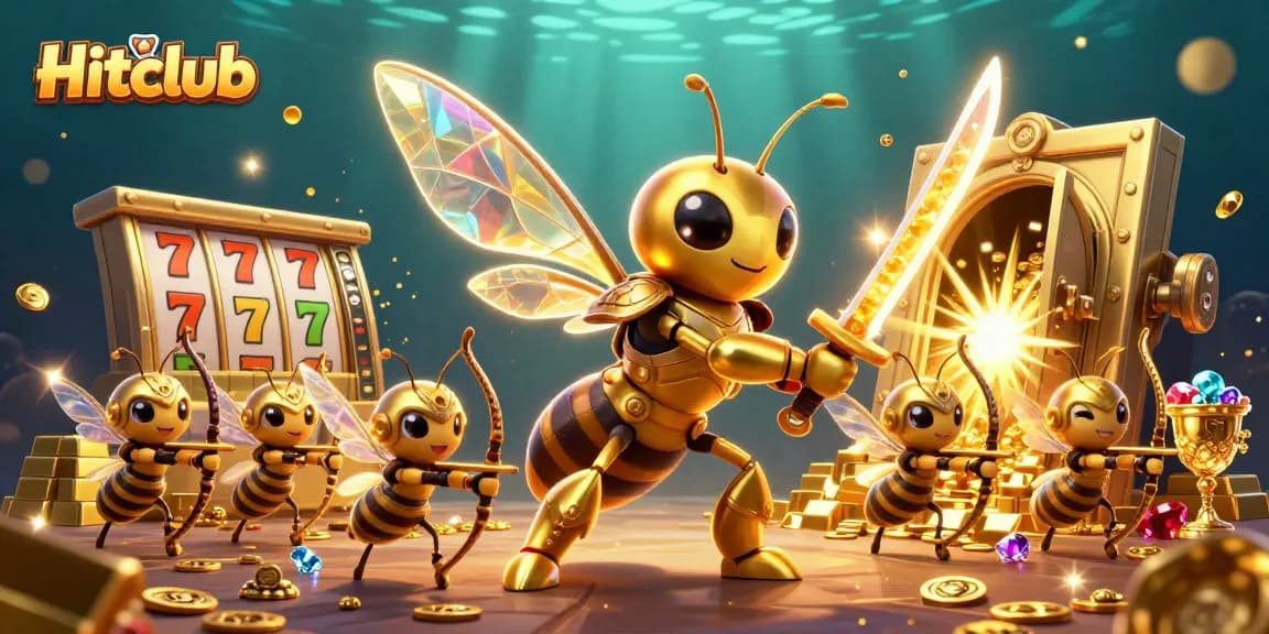 Engage with Hitclub's vibrant casino adventure featuring a golden hornet samurai amidst slot reels and treasures.
