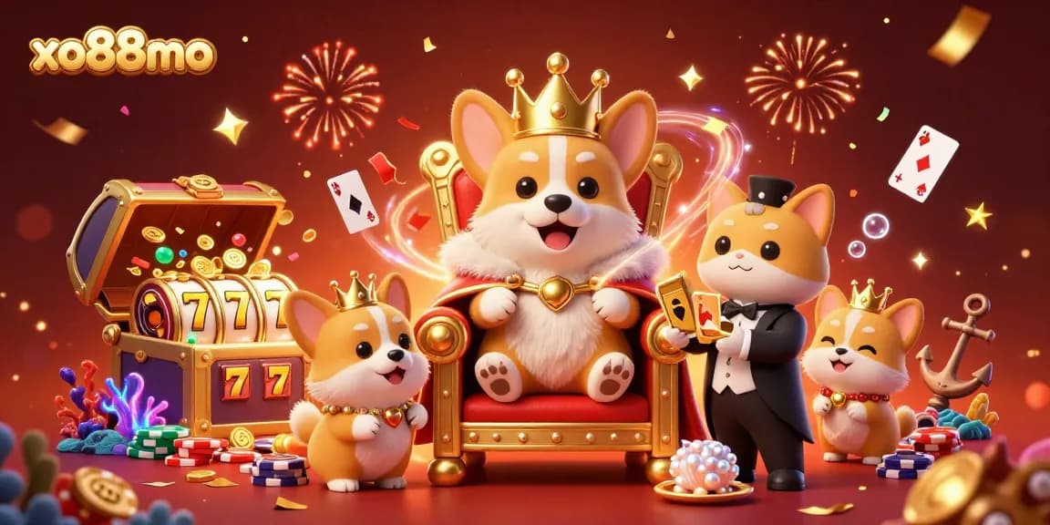 Experience the excitement of xo88mo with royal corgi characters in a vibrant, dynamic casino illustration.