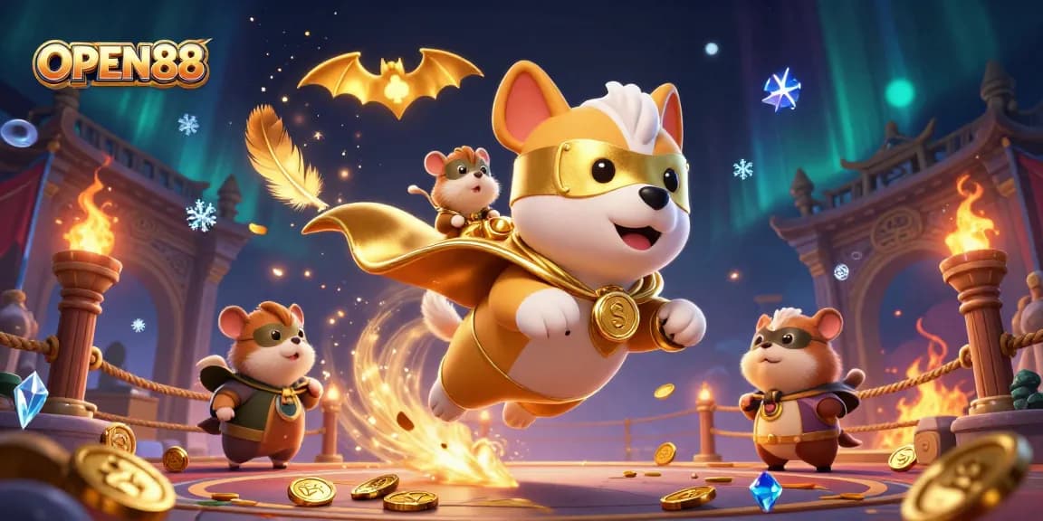 Engage in immersive fun with OPEN88, showcasing a cartoon superhero dog and hamster amidst casino elements.