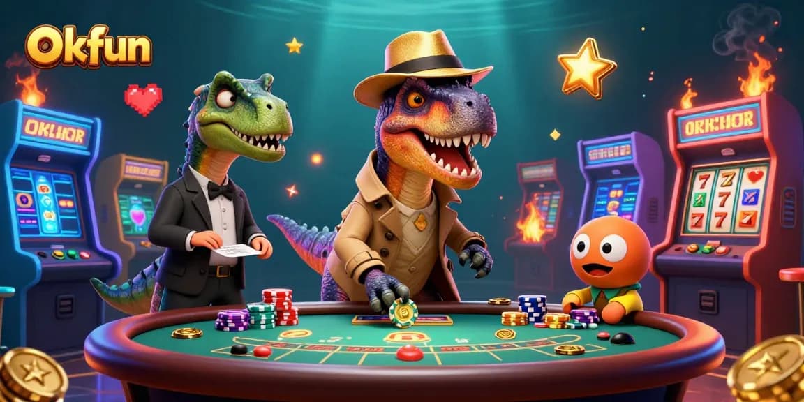 Okfun showcases a velociraptor card counter conspicuously at a casino table amid slot elements and rich visuals.