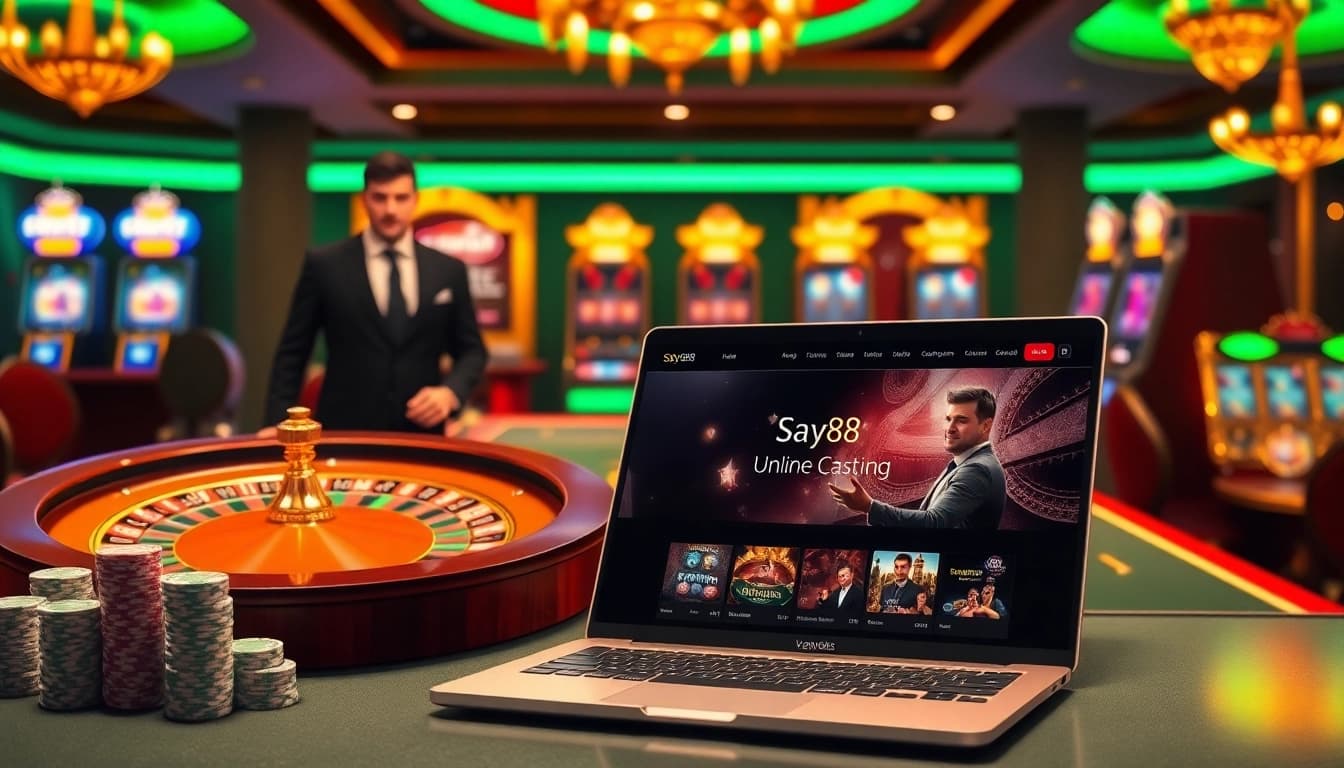 Experience the excitement of gambling at say88 with an elegant casino scene featuring games and poker chips.