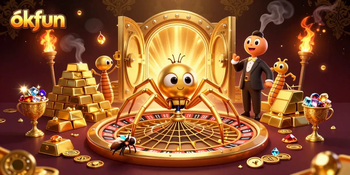 Experience okfun's excitement as a golden spider spins a roulette web, with dazzling gems and treasures.
