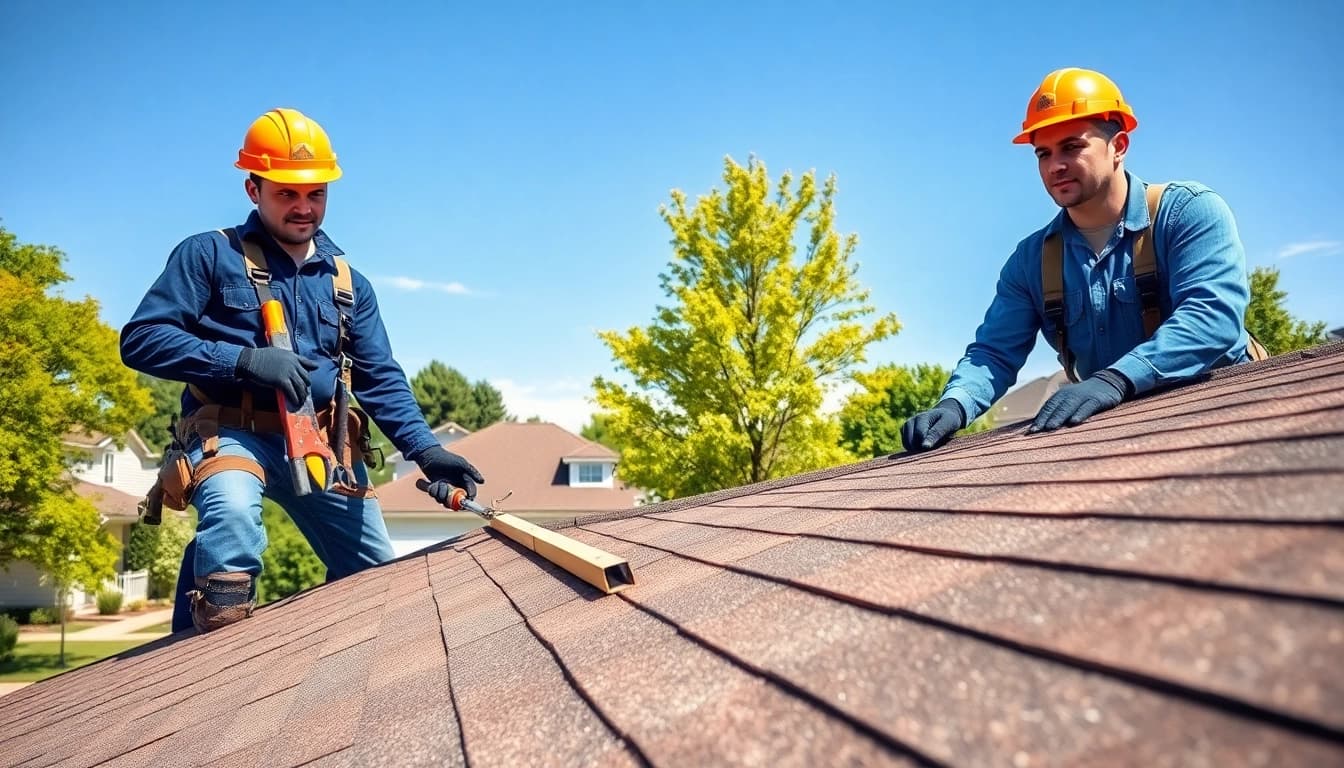 Roofing company team performing roof inspection and repair on a sunny day.