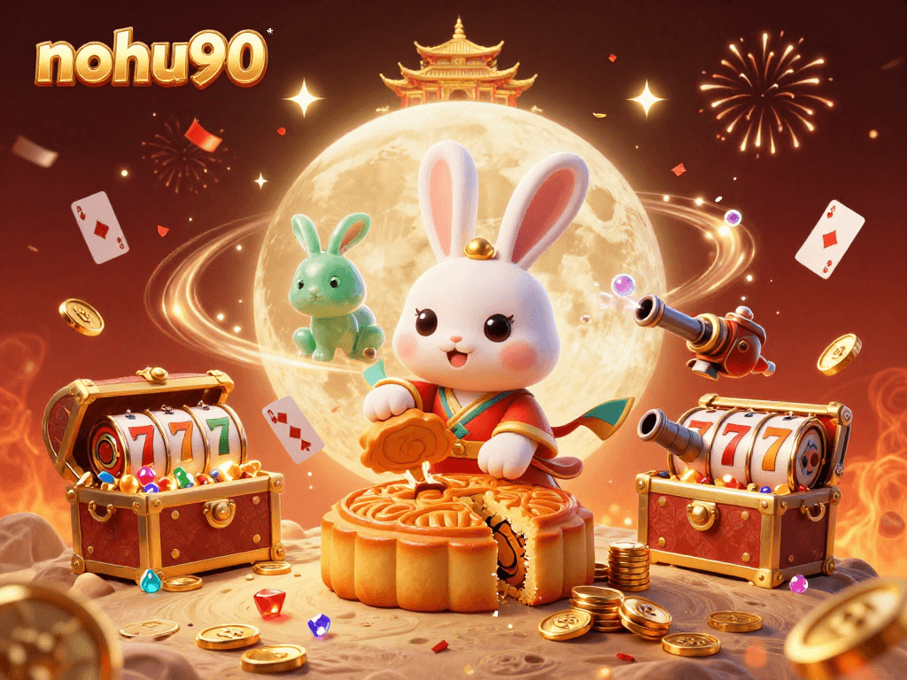 Experience the magic of nohu90 with a vibrant casino scene featuring a moon rabbit and treasure elements.