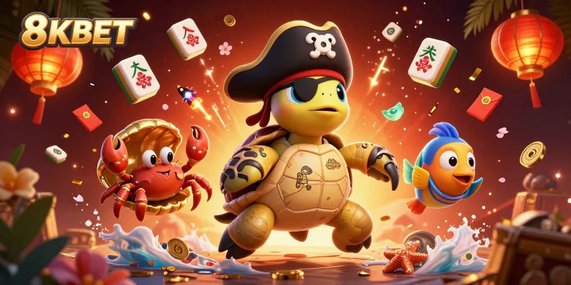 Engage with 8KBET's exciting online casino experience featuring vibrant characters and floating casino elements.