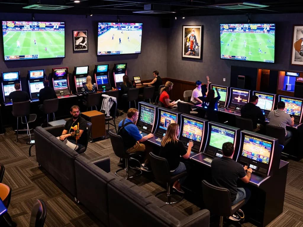 Engaging sports betting atmosphere at god55vn, showcasing live screens and excited bettors.