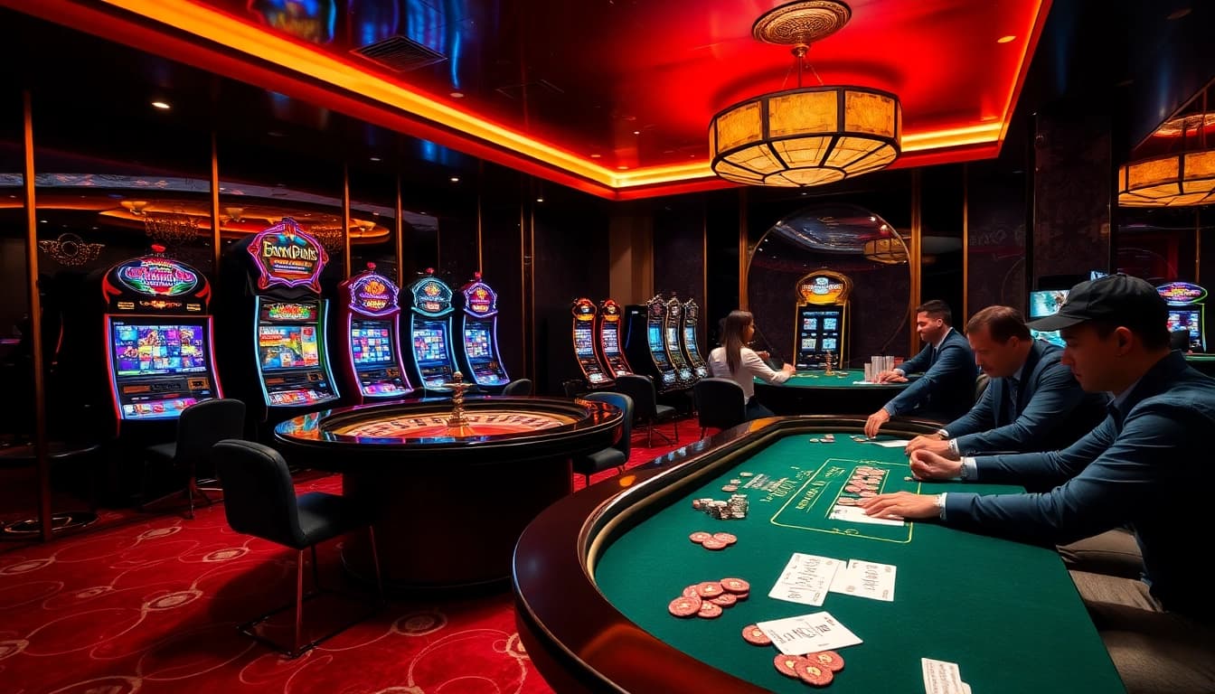 Players engage in high-stakes poker at HM88 casino, surrounded by vibrant slot machines.