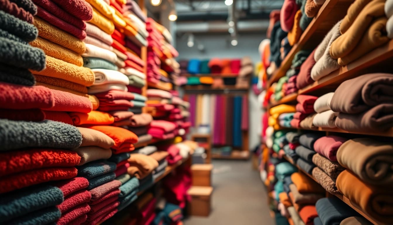 Fleece stof kopen in een kleurrijke textielwinkel met diverse stoffen.